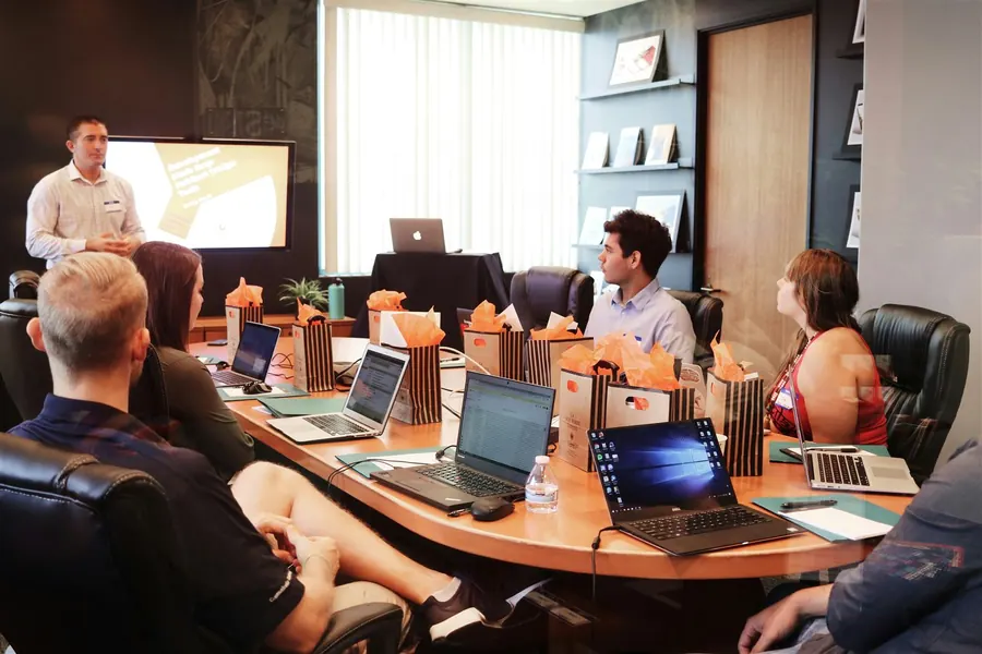 Leadership team reviewing strategy in a meeting room